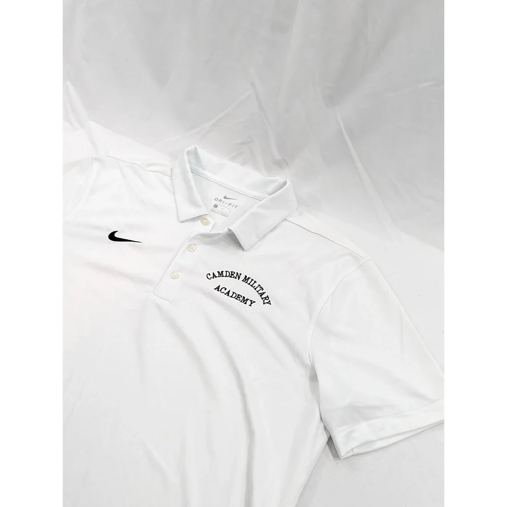 Nike Polo Shirt Mens Large Camden Military Academy‎ White Polo Black Embroidered